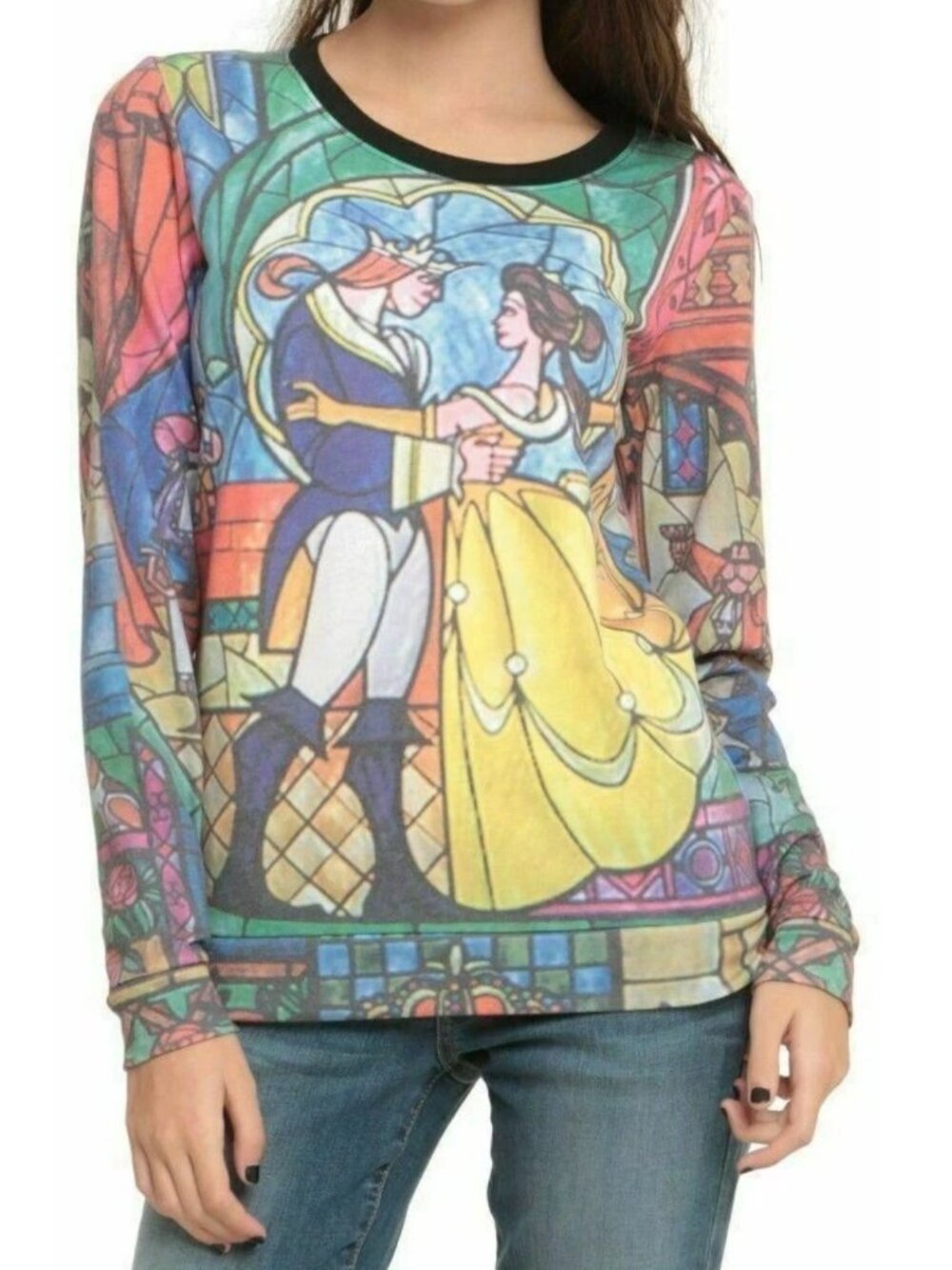 Disney Beauty and the Beast Stained Glass Shirt Sz S Long Sleeve Belle Rose Top